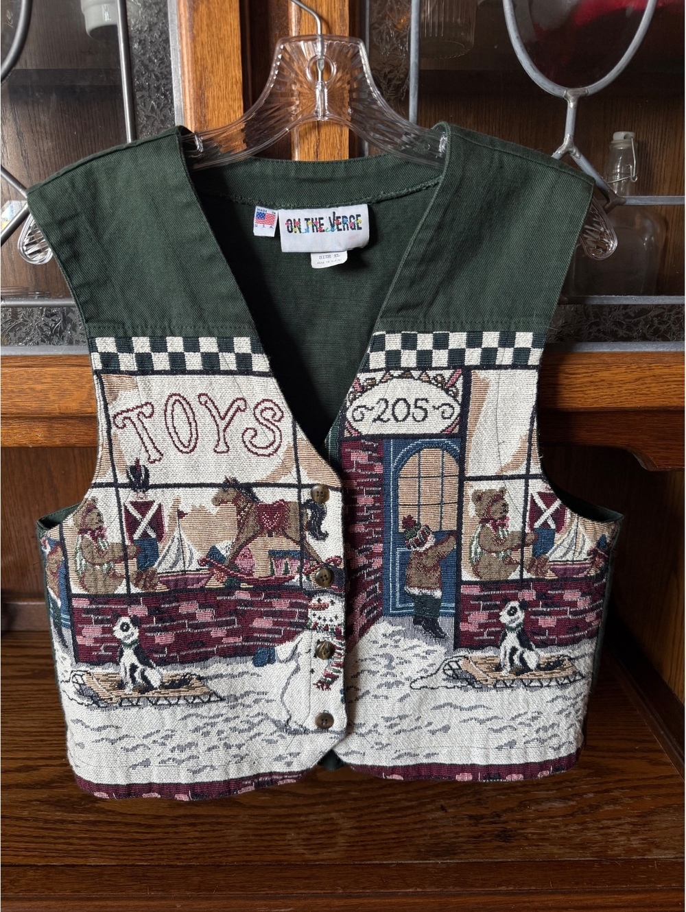 Vintage On The Verge Tapestry Toy Shop Vest Size XL | Christmas Novelty USA Made